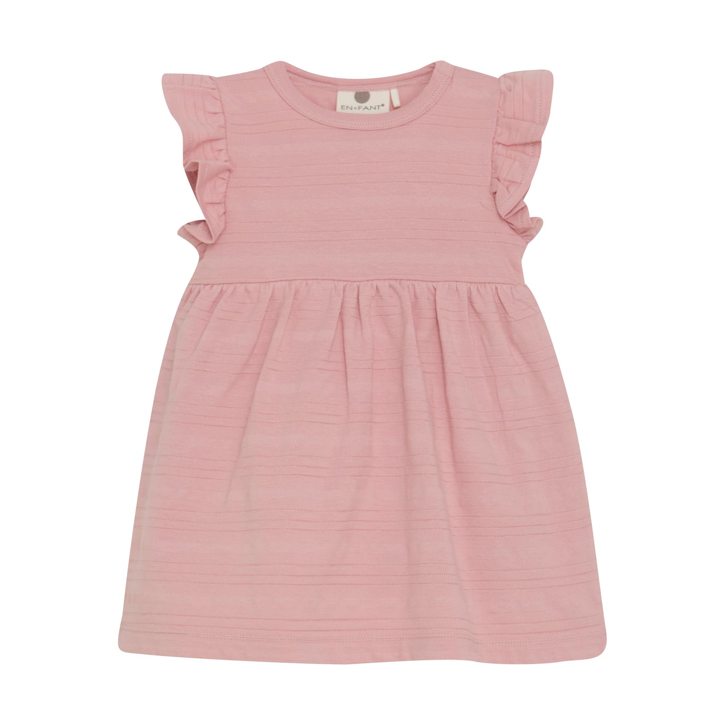 Flat front product image of a soft pink baby dress