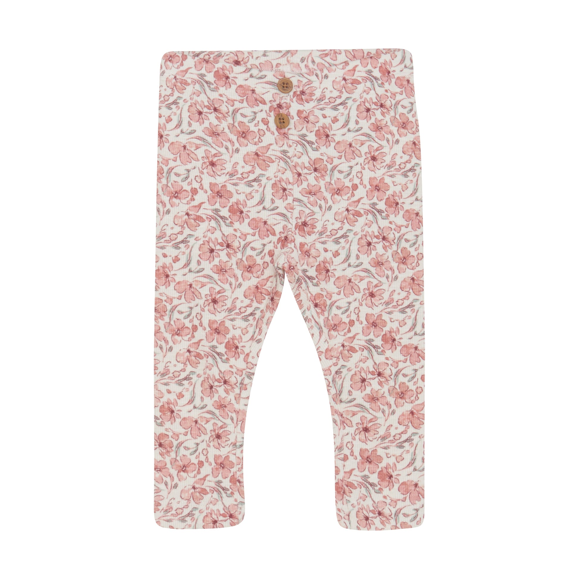 Flat front product image of ivory baby leggings with a bright floral print