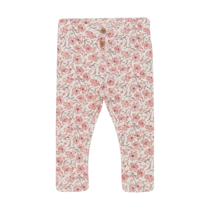Flat front product image of ivory baby leggings with a bright floral print