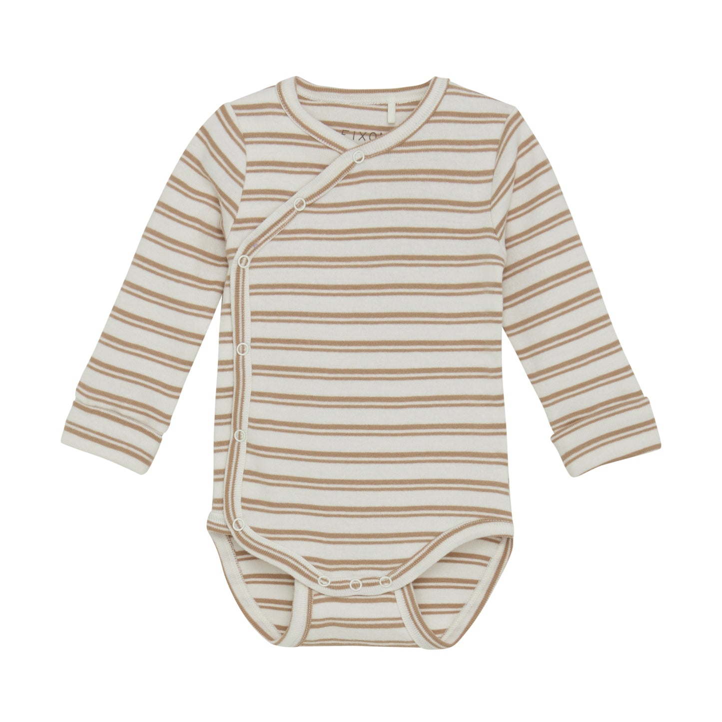 Flat front product image of a long sleeve wrap front baby bodysuit