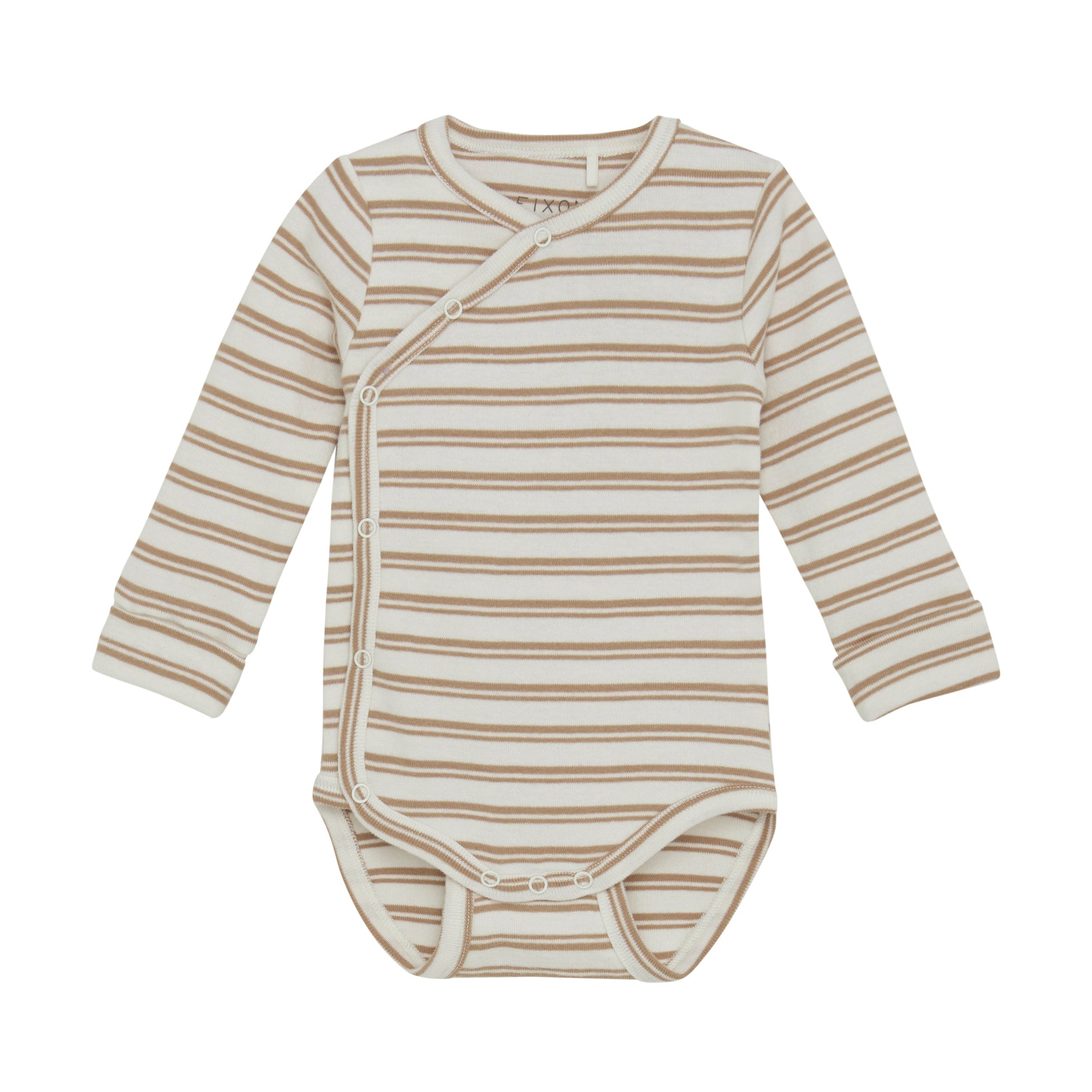 Flat front product image of a long sleeve wrap front baby bodysuit
