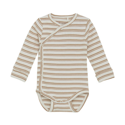 Flat front product image of a long sleeve wrap front baby bodysuit