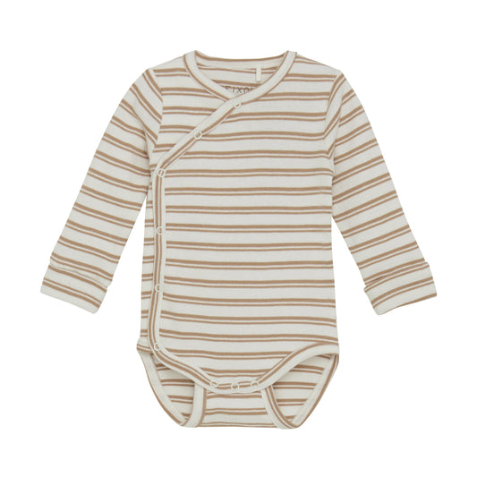 Flat front product image of a long sleeve wrap front baby bodysuit