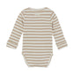 Flat back product image of a long sleeve wrap front baby bodysuit 