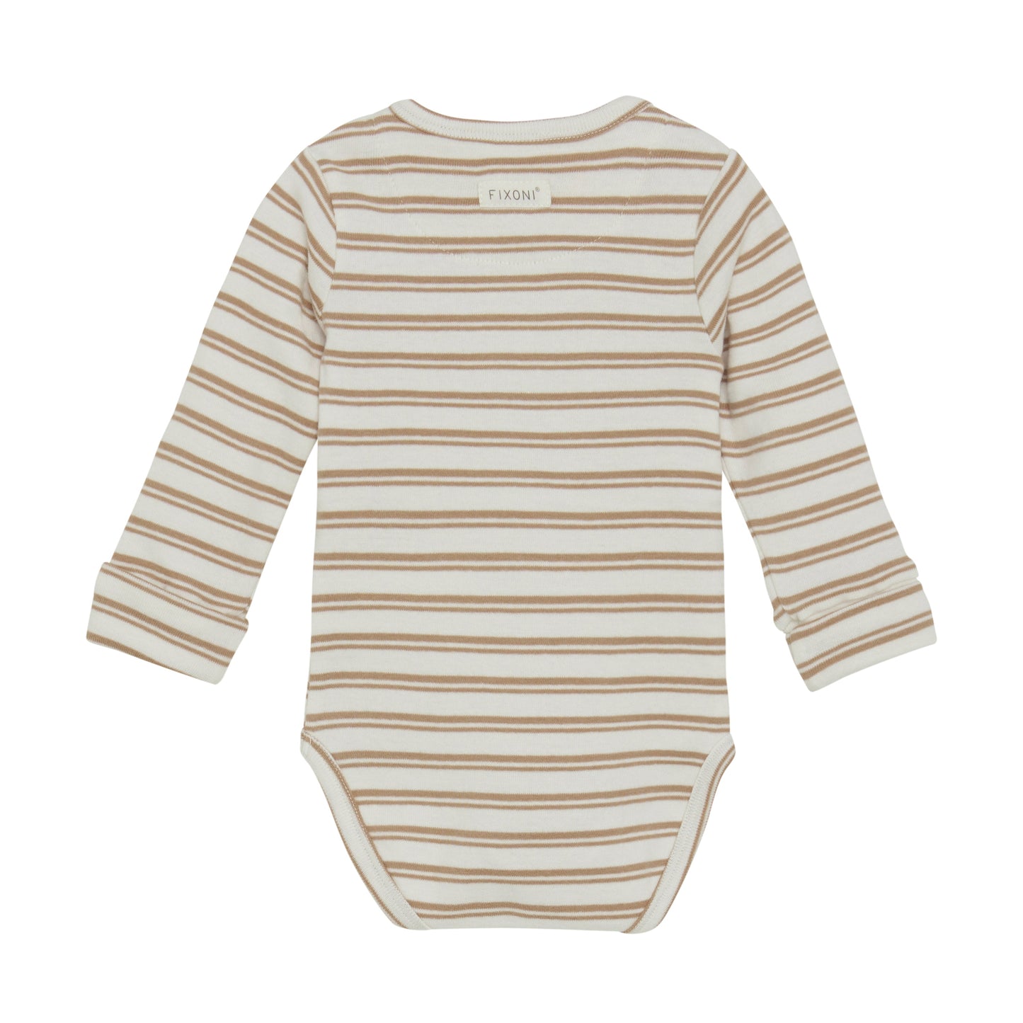 Flat back product image of a long sleeve wrap front baby bodysuit 