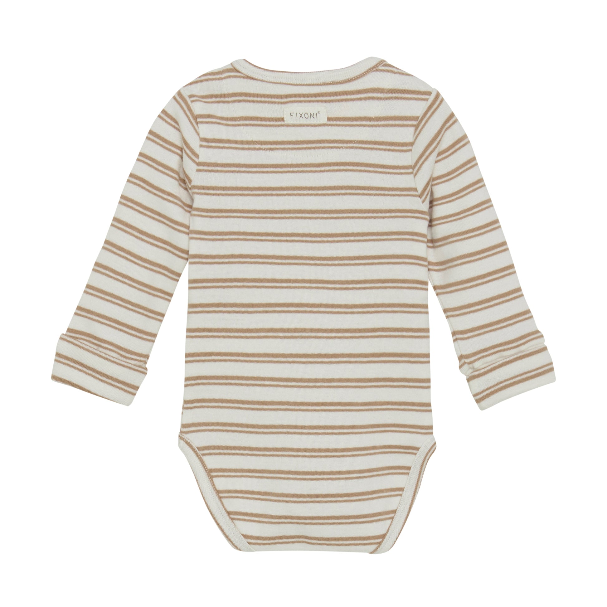 Flat back product image of a long sleeve wrap front baby bodysuit 