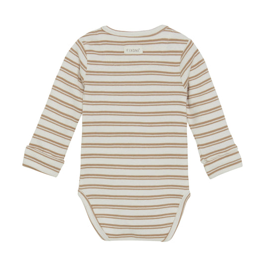 Flat back product image of a long sleeve wrap front baby bodysuit 