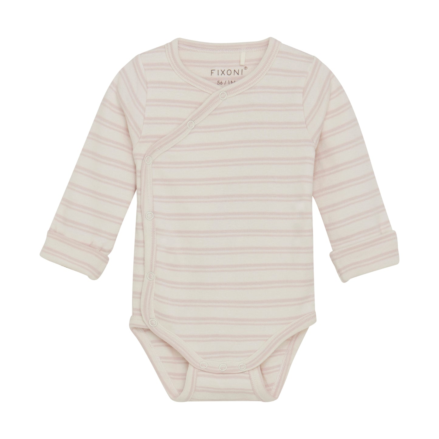 Flat front product image of a long sleeve wrap front baby bodysuit