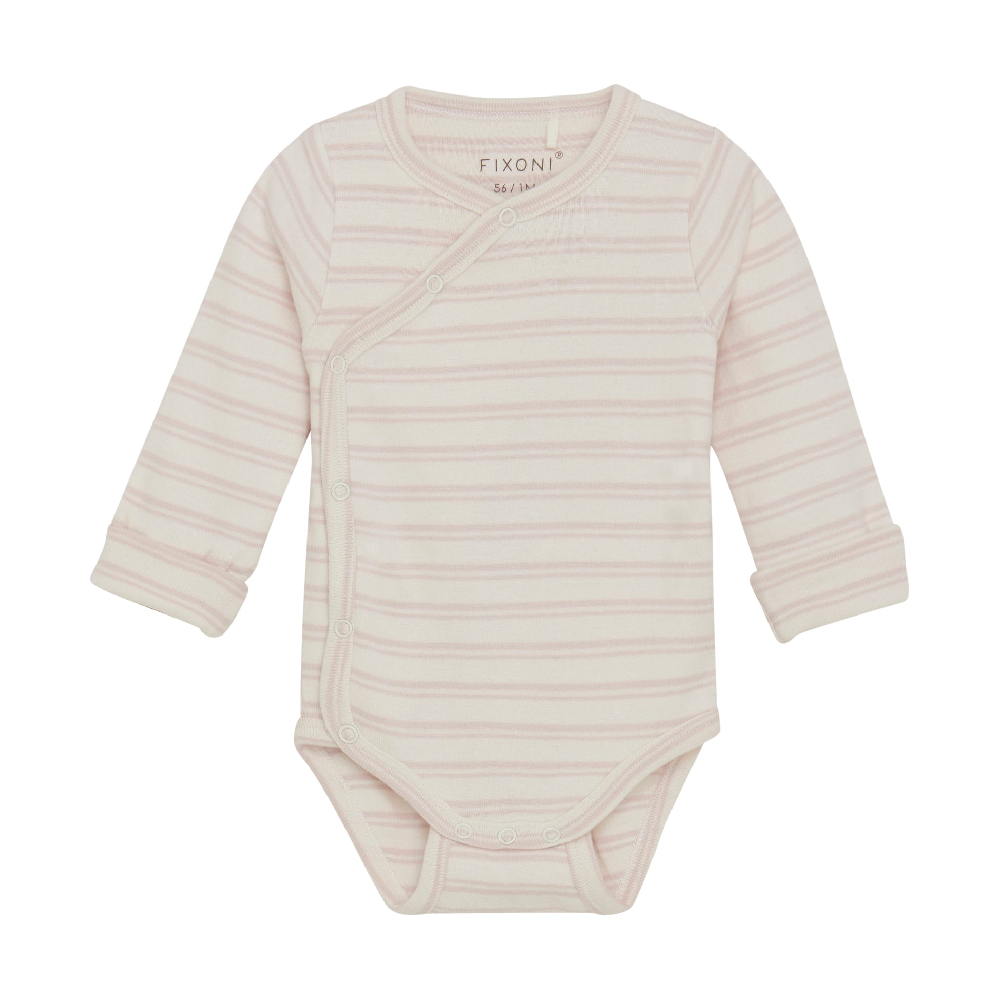 Flat front product image of a long sleeve wrap front baby bodysuit