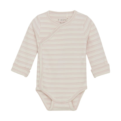 Flat front product image of a long sleeve wrap front baby bodysuit