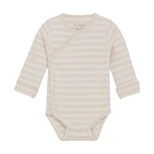 Flat front product image of a long sleeve wrap front baby bodysuit