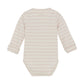 Flat back product image of a long sleeve wrap front baby bodysuit 