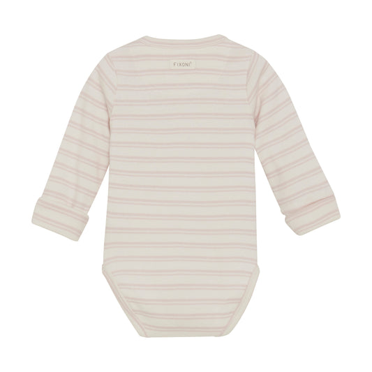 Flat back product image of a long sleeve wrap front baby bodysuit 