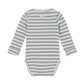 Flat back product image of a long sleeve wrap front baby bodysuit 