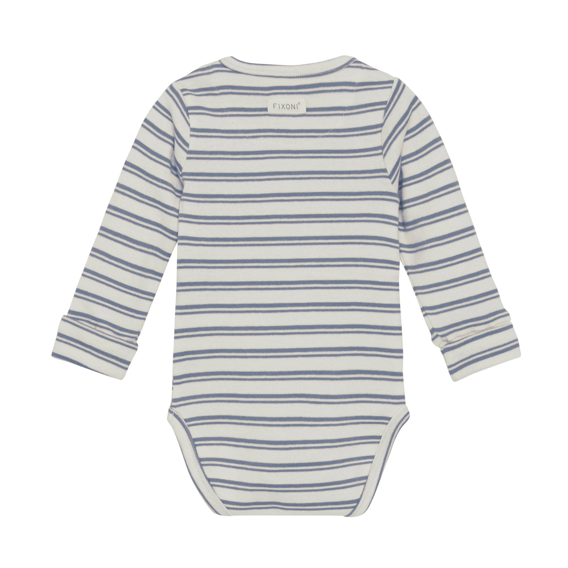 Flat back product image of a long sleeve wrap front baby bodysuit 