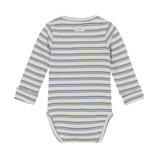 Flat back product image of a long sleeve wrap front baby bodysuit 