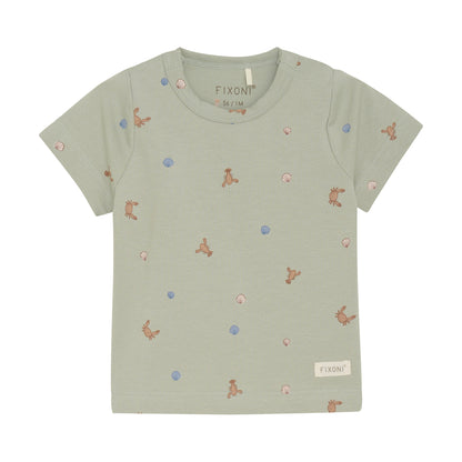 Flat front product image of a short sleeve tee with a green desert print