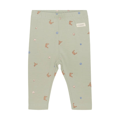 Flat front product image of baby leggings in a green desert print