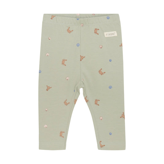 Flat front product image of baby leggings in a green desert print