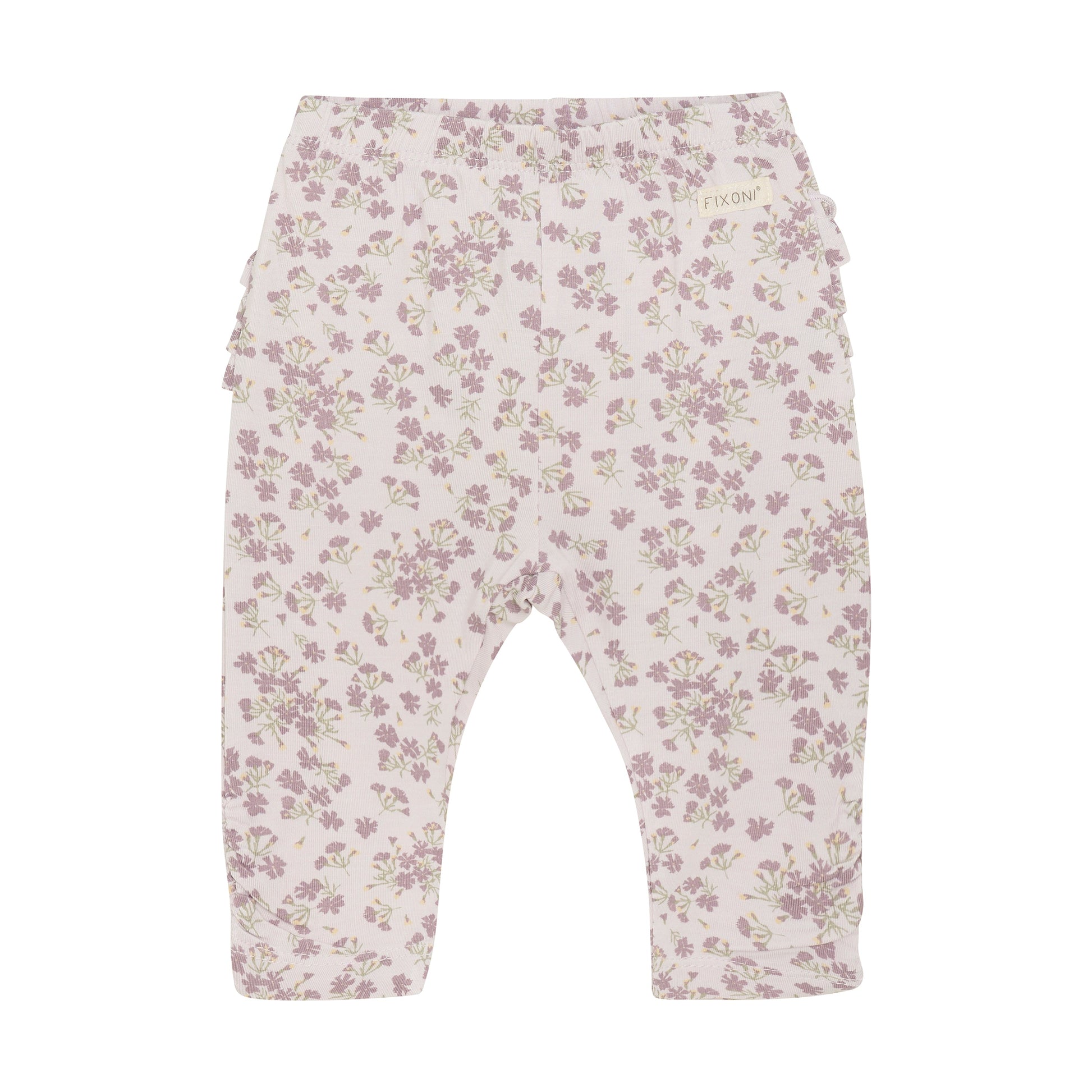 Flat front product image of baby leggings in a light lilac floral print
