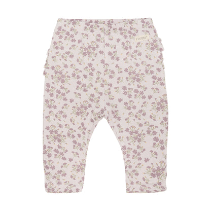 Flat front product image of baby leggings in a light lilac floral print