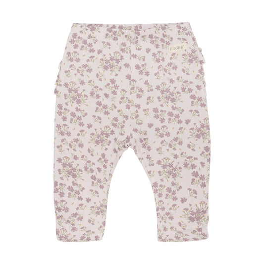 Flat front product image of baby leggings in a light lilac floral print