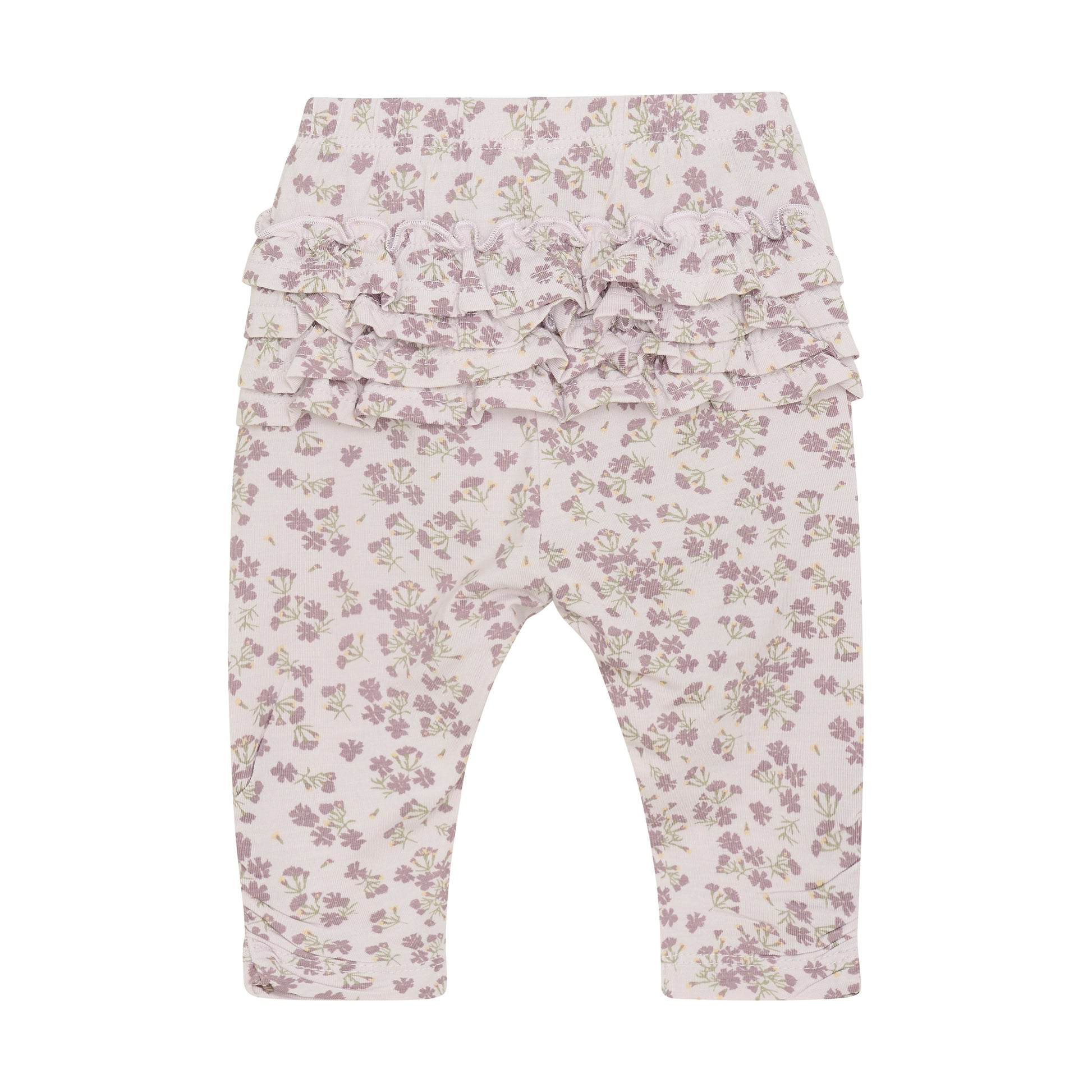 Flat back product image of baby leggings in a light lilac floral print