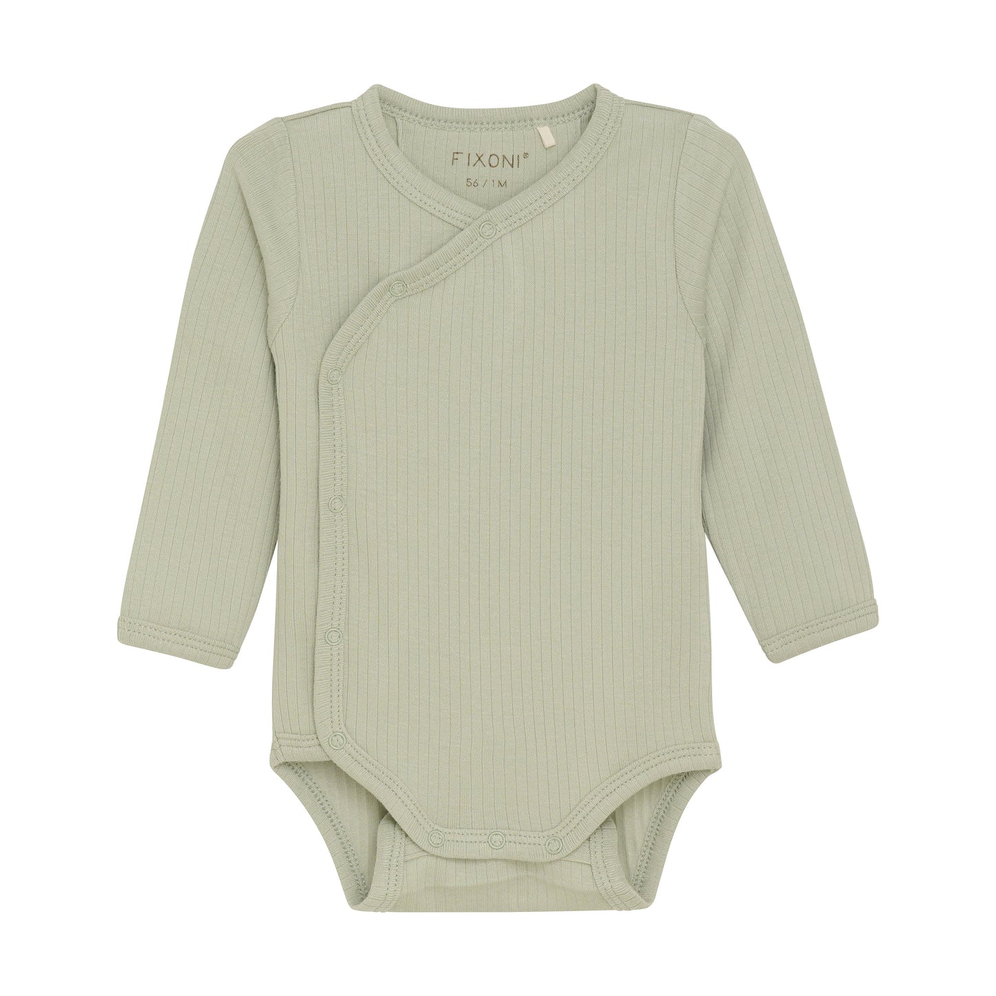 Flat front product image of a long sleeve wrap front baby bodysuit in soft green