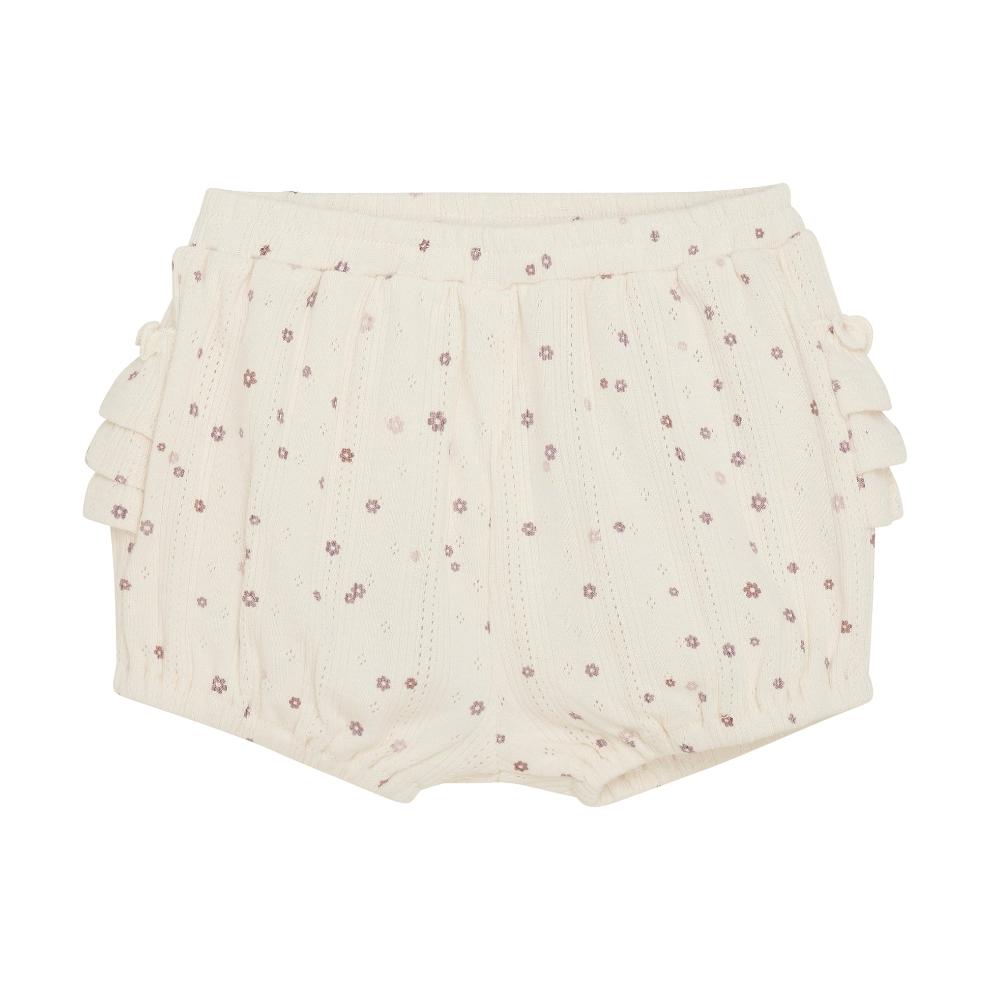Flat front product image of ivory pointelle bloomer baby shorts with a purple daisy print