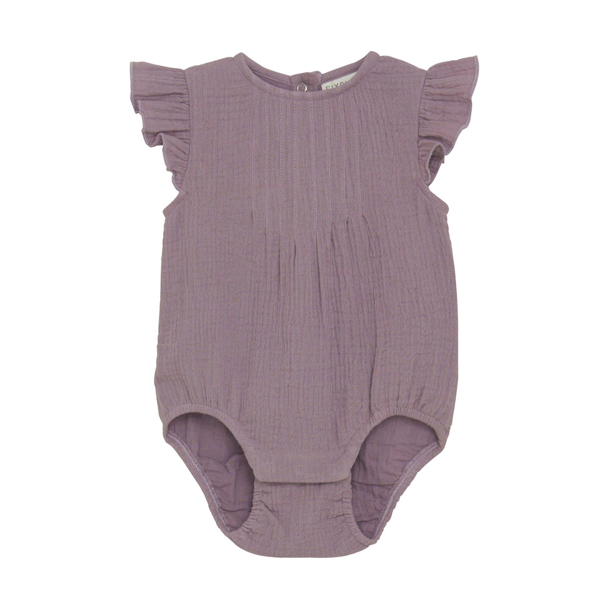 Flat front product image of a woven ruffle sleeve baby bodysuit in purple