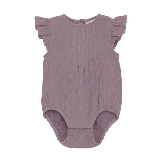 Flat front product image of a woven ruffle sleeve baby bodysuit in purple