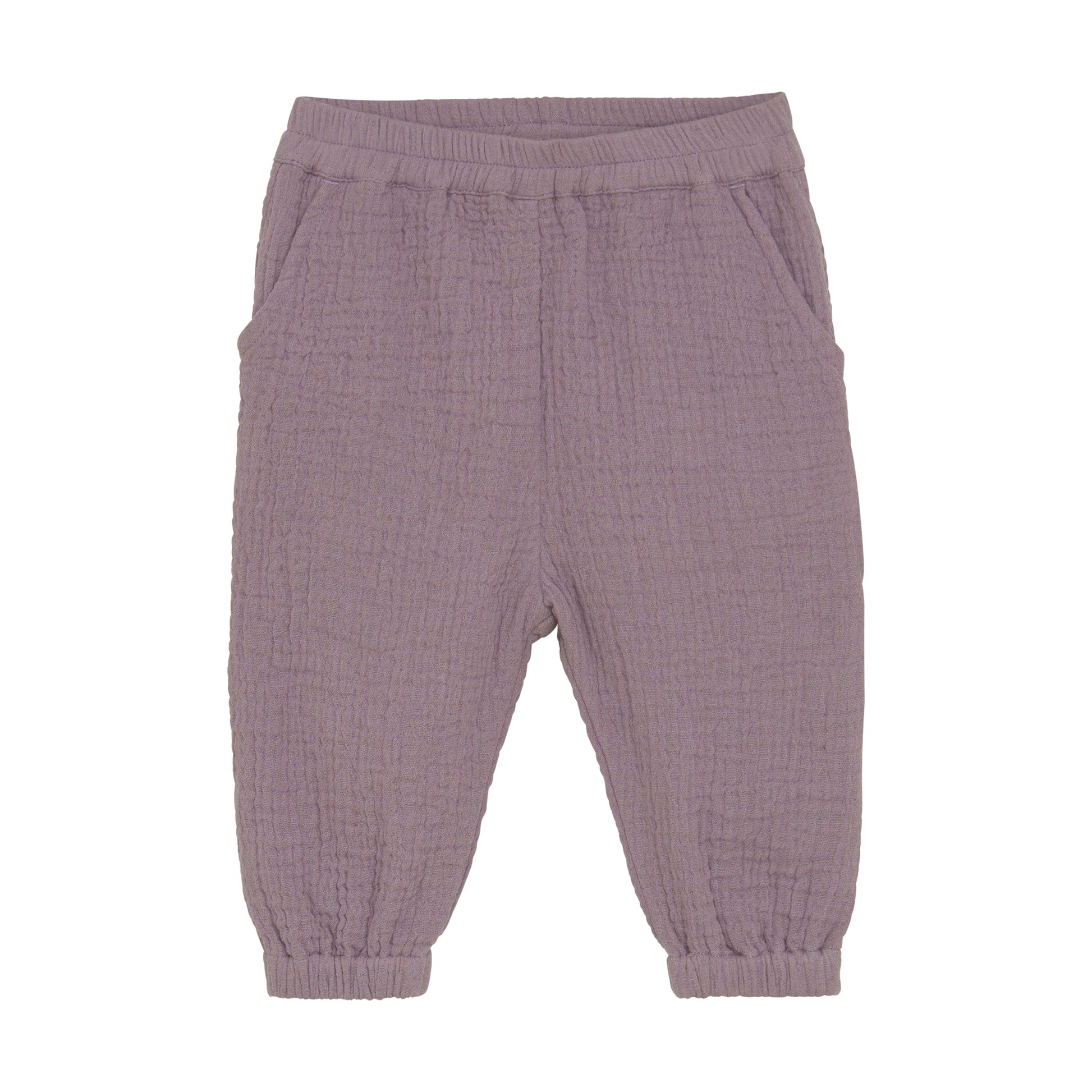 Flat front product image of woven baby trousers in purple