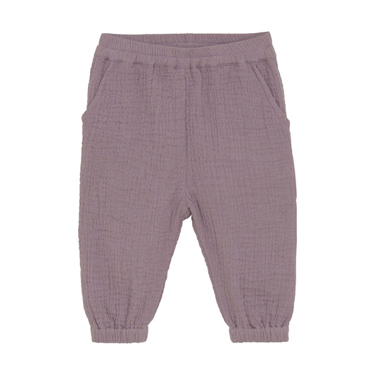 Flat front product image of woven baby trousers in purple