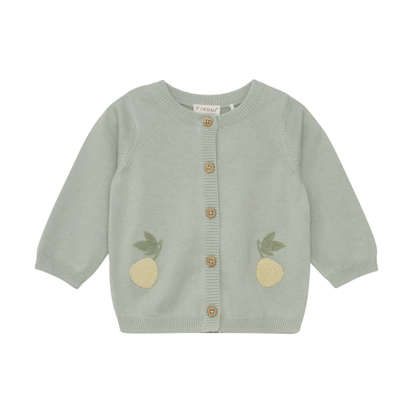 Flat front product image of a soft green knit baby cardigan with small pineapple embroidery