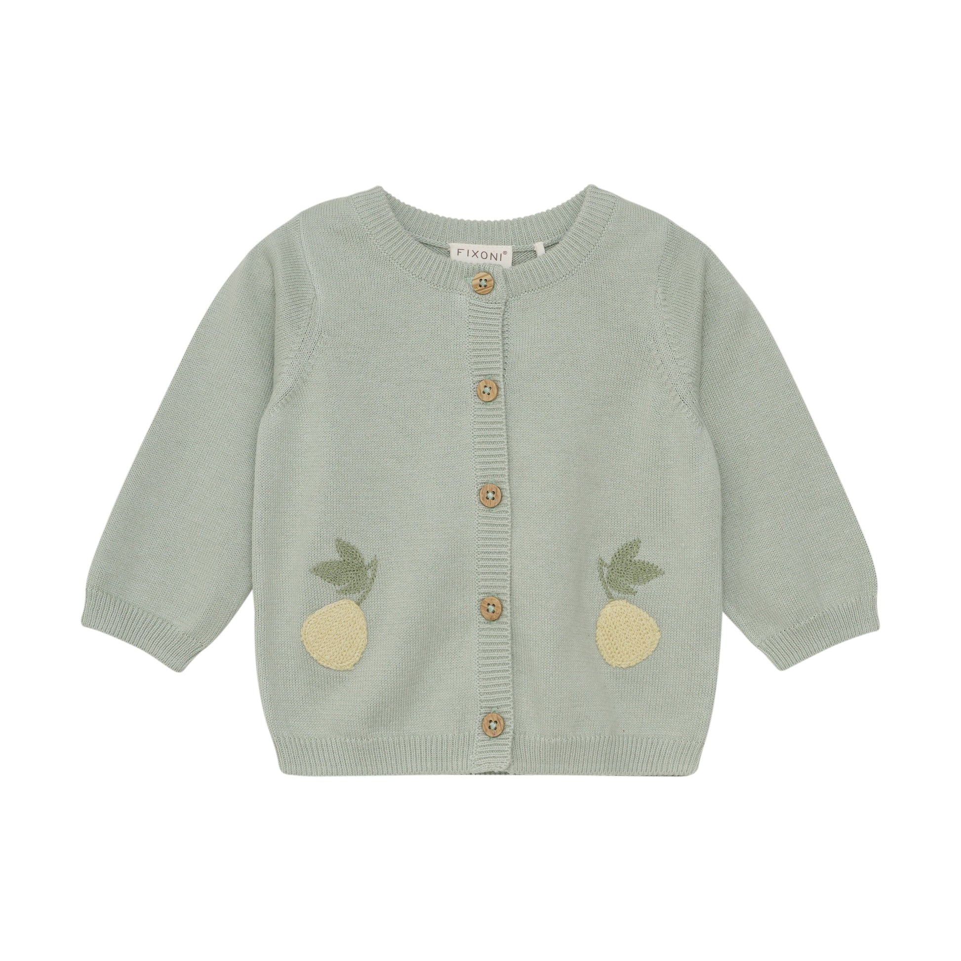 Flat front product image of a soft green knit baby cardigan with small pineapple embroidery