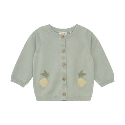 Flat front product image of a soft green knit baby cardigan with small pineapple embroidery