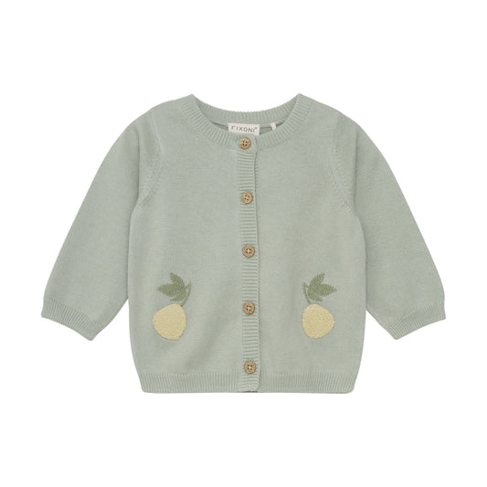 Flat front product image of a soft green knit baby cardigan with small pineapple embroidery