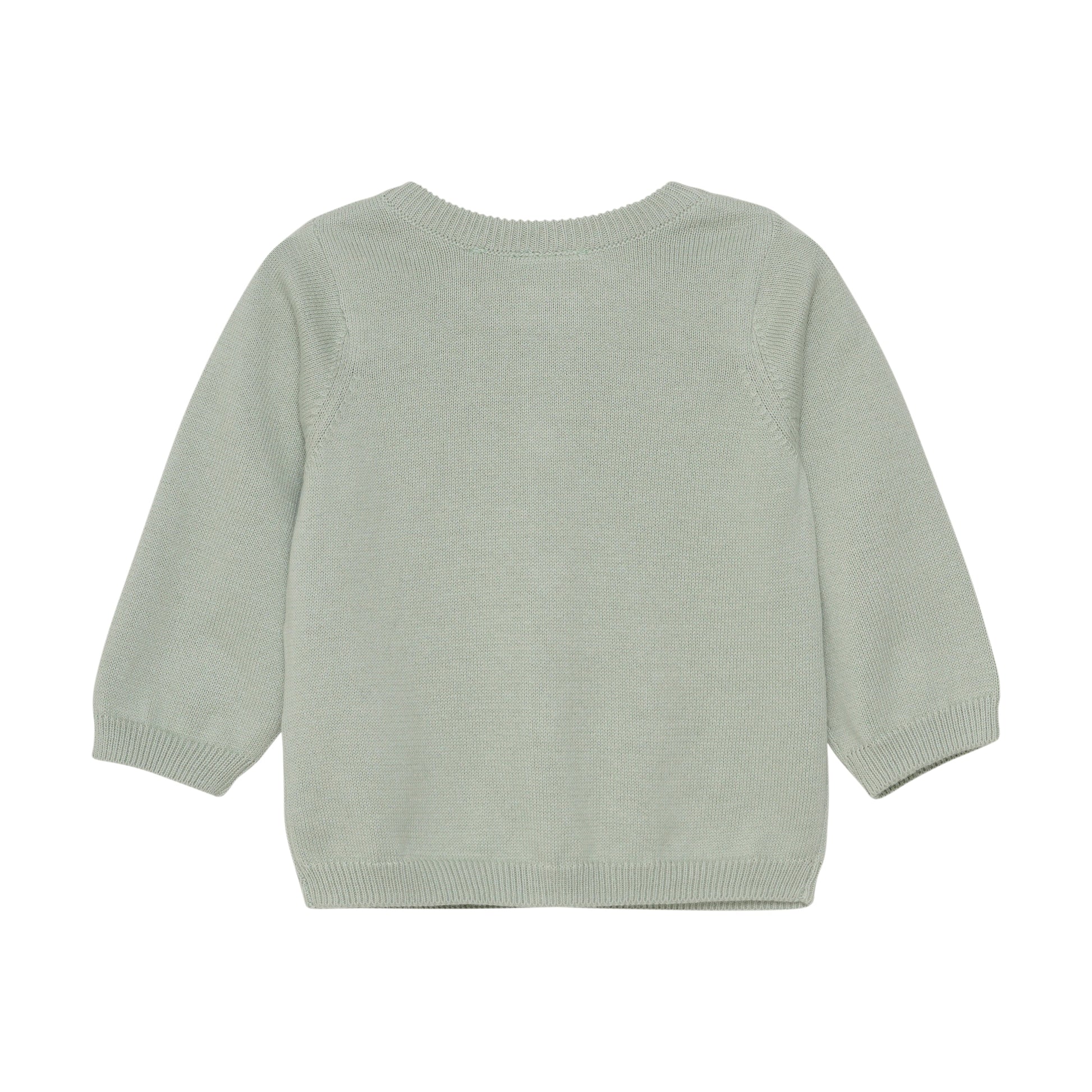 Flat back product image of a soft green knit baby cardigan with small pineapple embroidery