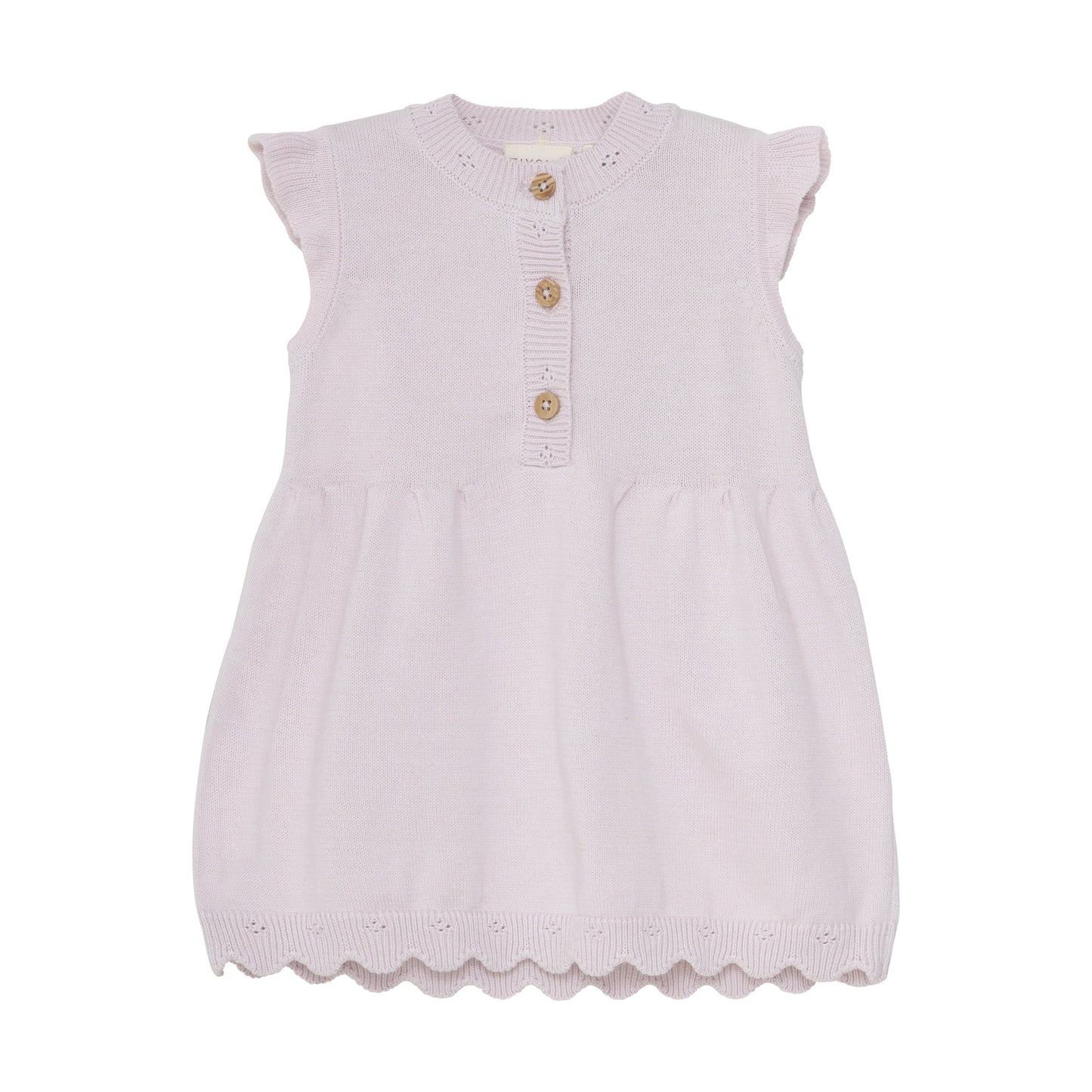Flat front product image of a knit baby dress in light lilac