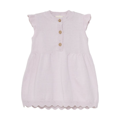 Flat front product image of a knit baby dress in light lilac