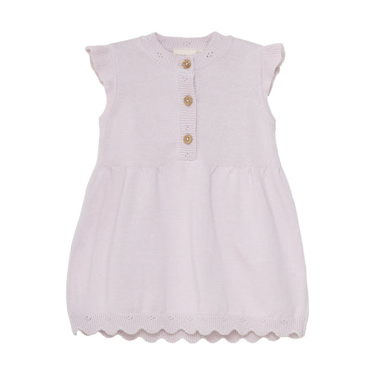 Flat front product image of a knit baby dress in light lilac