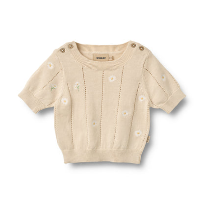Flat front product image of pale yellow knit baby top