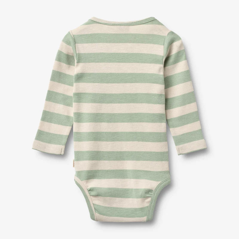Flat back product image of mint stripe baby bodysuit