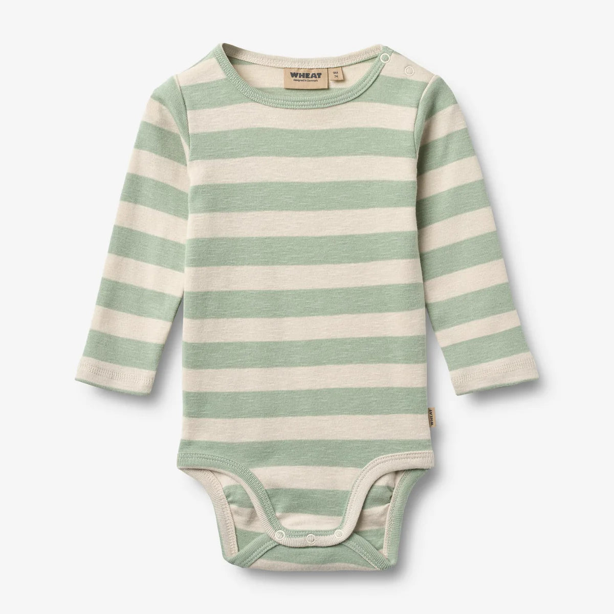 Flat front product image of mint stripe baby bodysuit