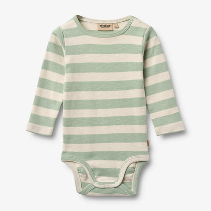 Flat front product image of mint stripe baby bodysuit