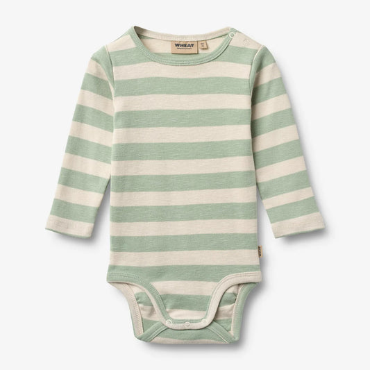 Flat front product image of mint stripe baby bodysuit