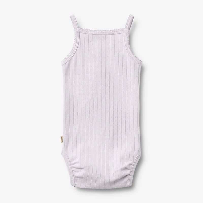 Flat back product image of purple sleeveless baby bodysuit