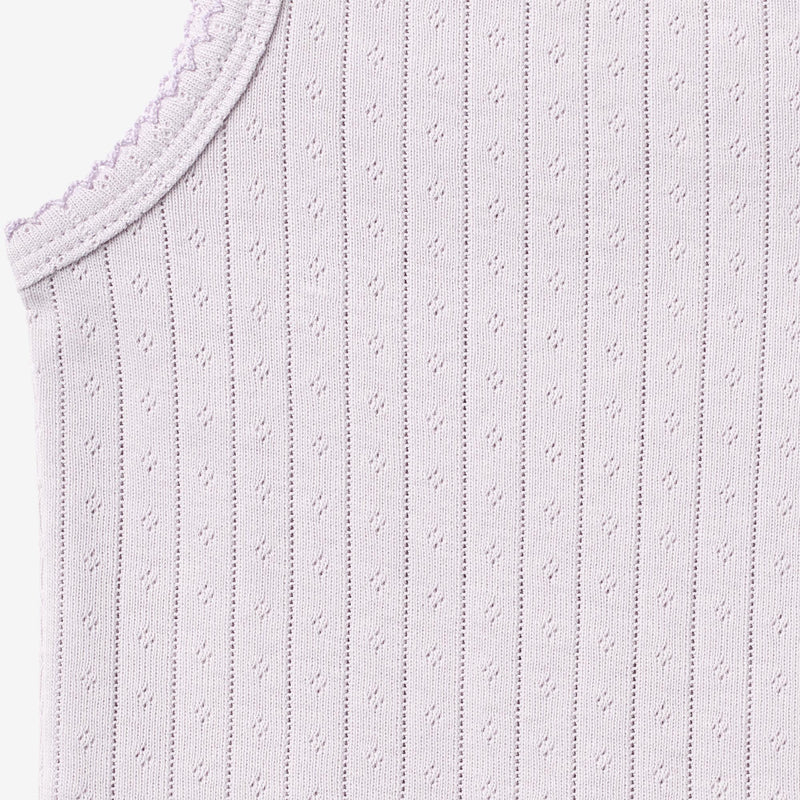 Close up product image of purple sleeveless baby bodysuit