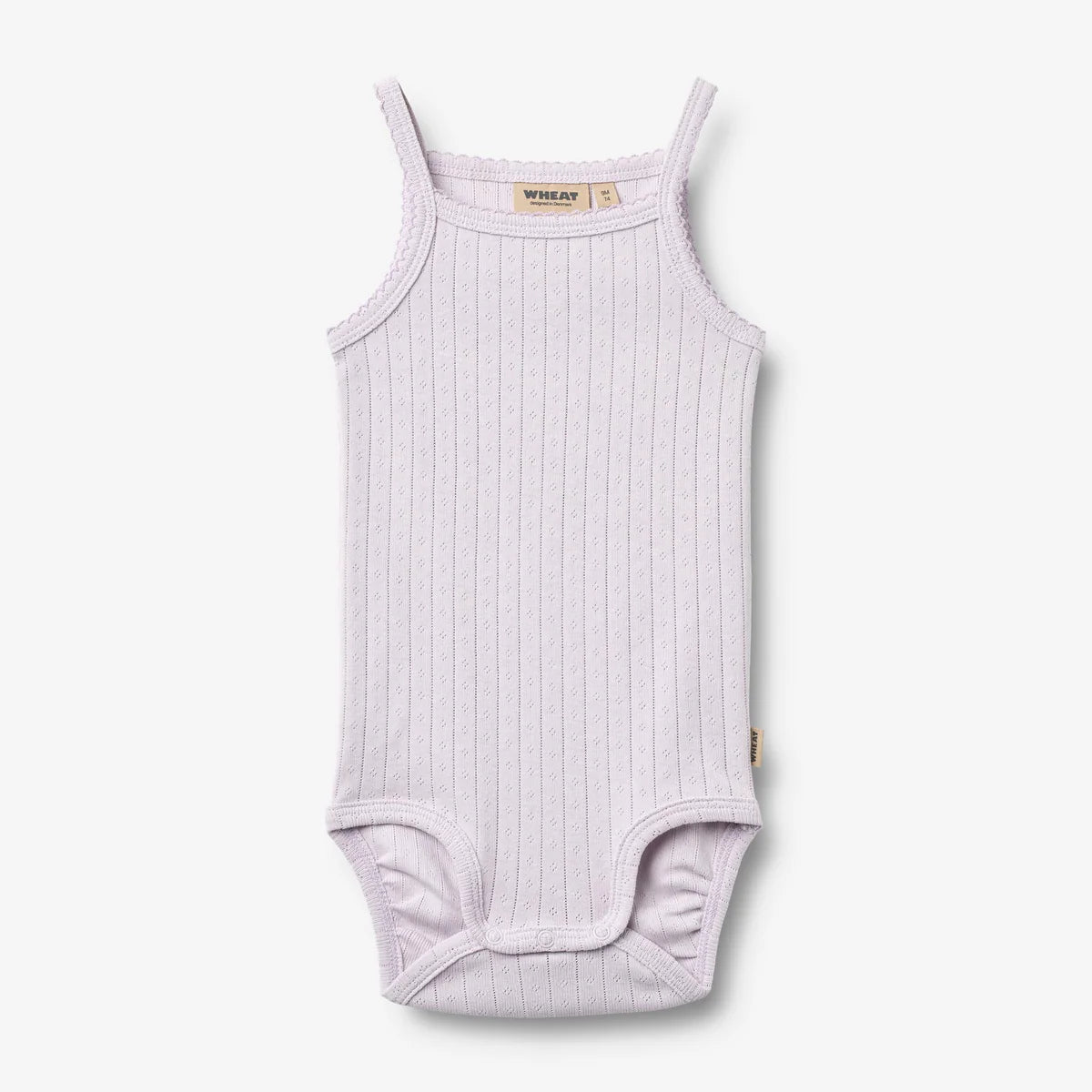 Flat front product image of purple sleeveless baby bodysuit