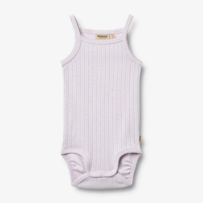 Flat front product image of purple sleeveless baby bodysuit